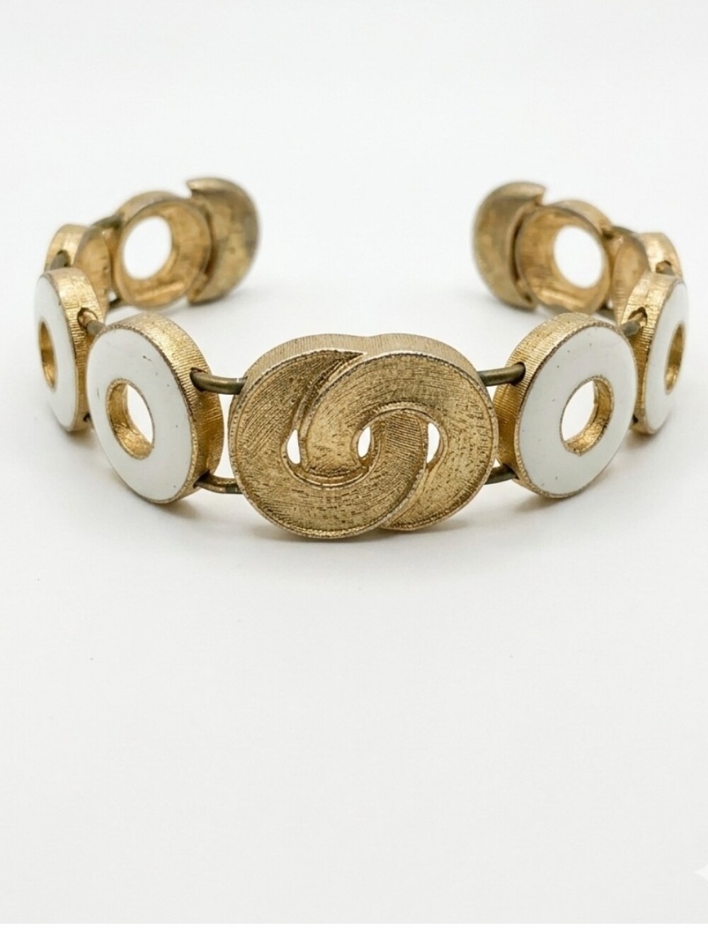 MCM Gold and White Enamel Linked Circle Cuff Bracelet